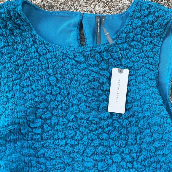 Anthropologie sinched Teal Textured Sleeveless Mini Dress tight at the bottom - Picture 9 of 12